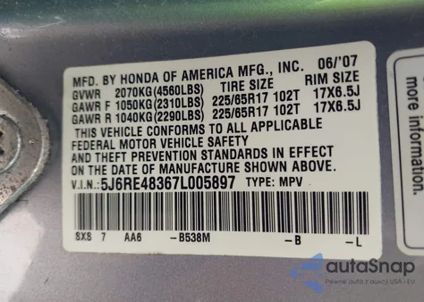 2007 Honda Cr-V Lx z USA, uszkodzony, nr VIN 5J6RE48367L005897